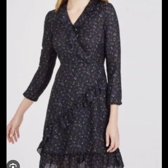 J. McLaughlin Dresses & Skirts - J.McLaughlin Floral‎ Print Wrap Dress Ruffle Trim Long Sleeve Black Size 8